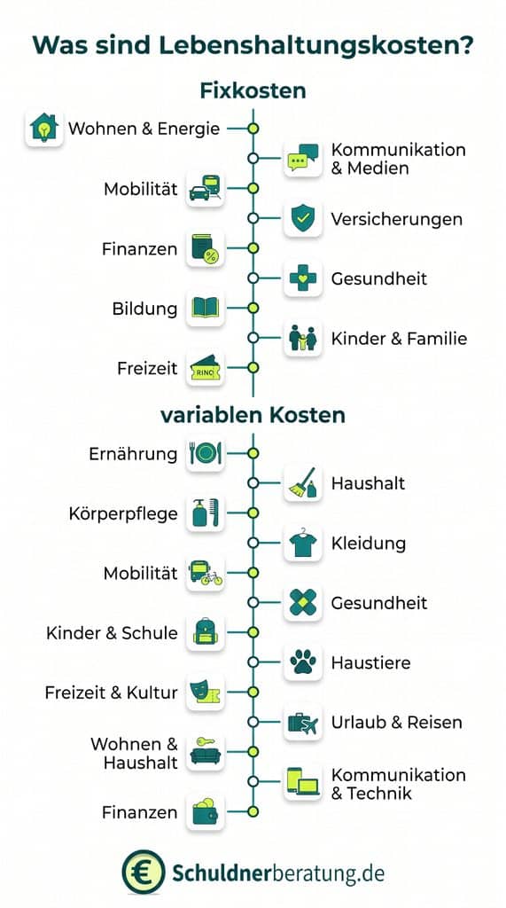 Die Infografik listet die wichtigsten Lebenshaltungskosten auf.