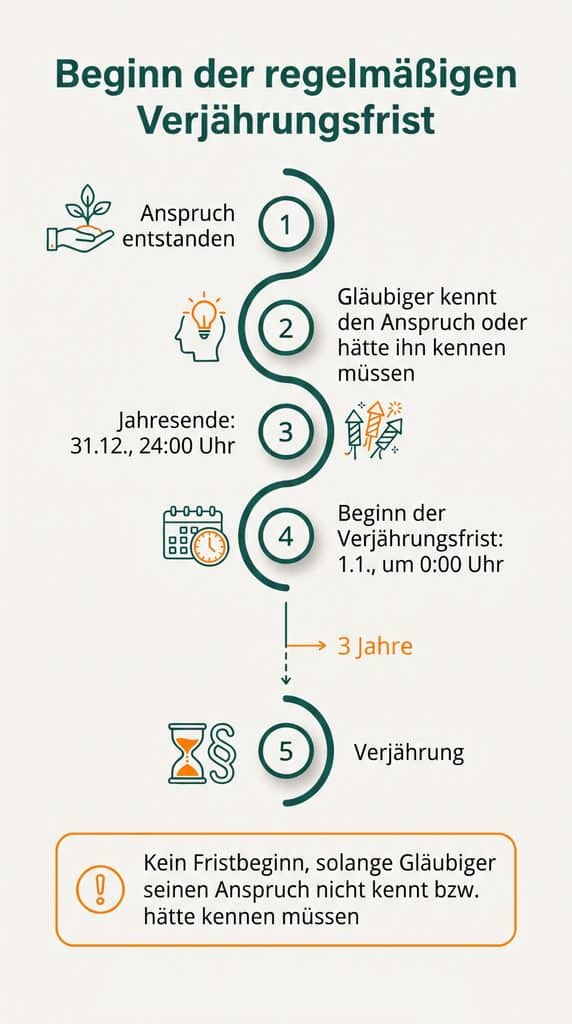 Die Infografik visualisiert, wann die regelmäßige Verjährungsfrist laut § 199 Abs. 1 BGB beginnt.